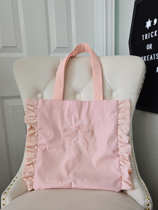 Etsy Handbags - Durable Bow-Embroidered Ruffle Tote In Soft PInk, NWOT